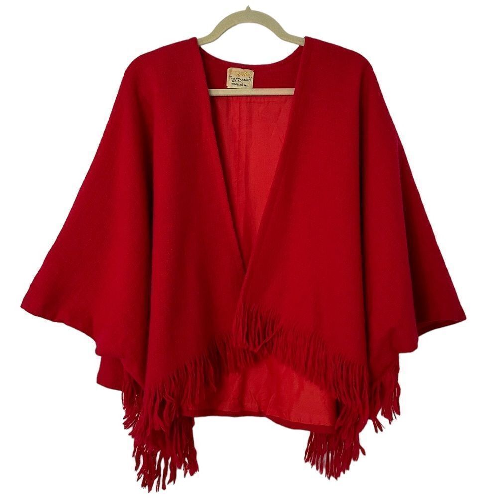 Vintage Red Wool Cape with Fringe | One size